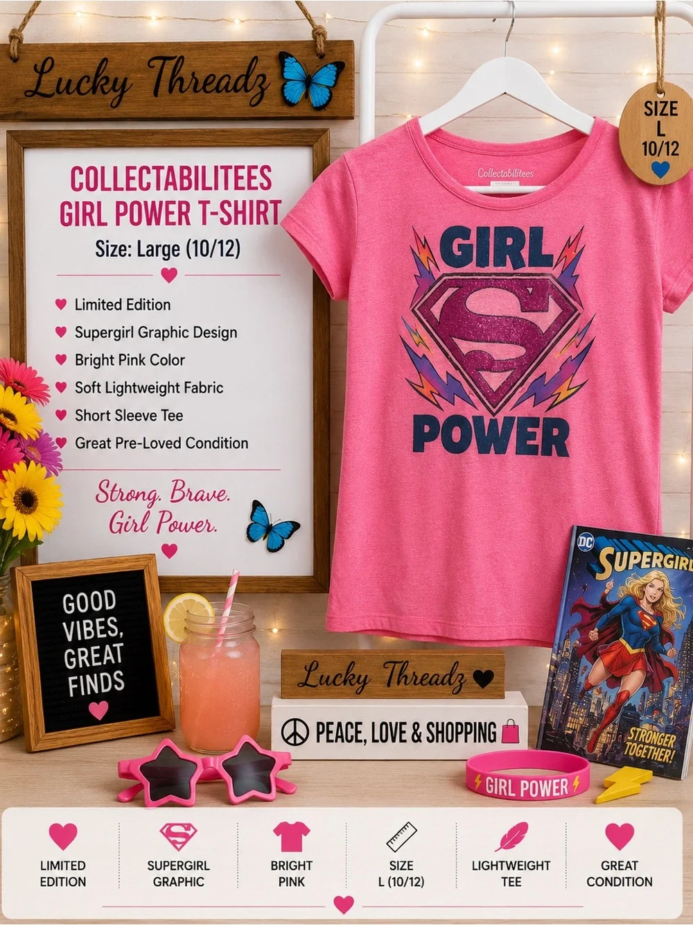 Old Navy Collectabilitees Bright Pink 'Girl Power' Supergirl Graphic Tee